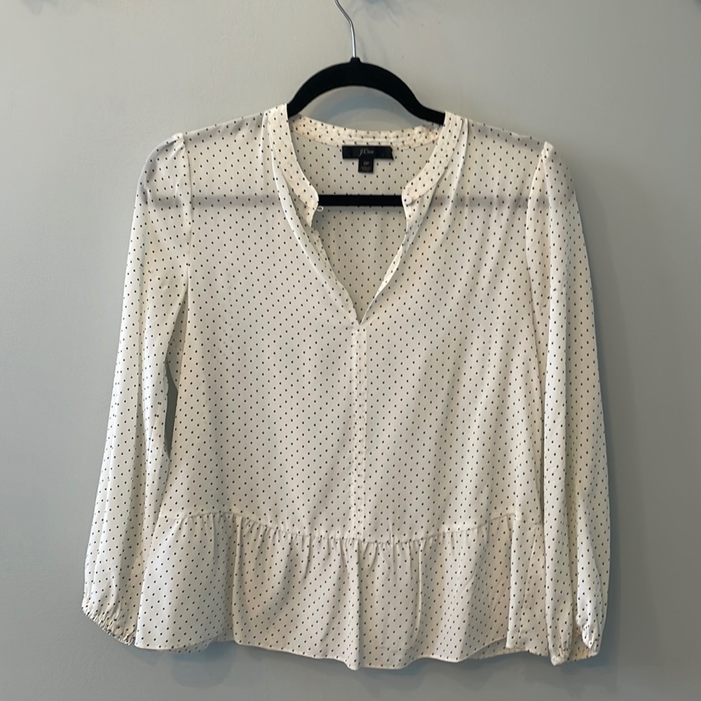 Jcrew silk blouse, cream with navy dots, size 2P
